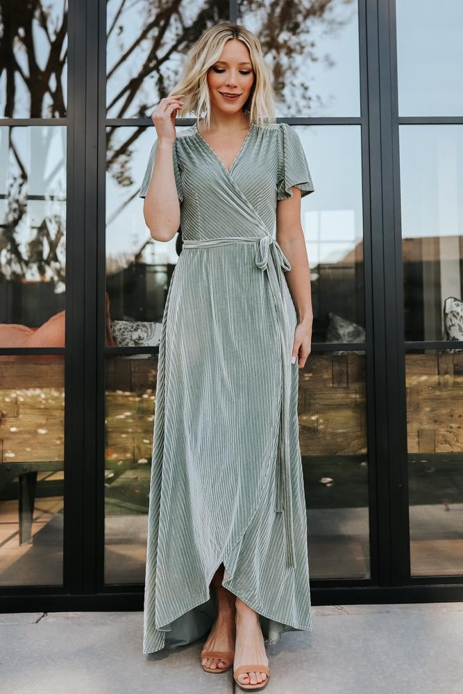 Andi Dusty Sage Ribbed Velvet Wrap Dress | Baltic Born