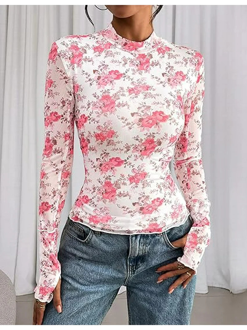 PRETTYGARDEN Womens Long Sleeve Going Out Tops Fall Mesh Floral Blouses Slim Fitted Shirts Date N... | Walmart (US)