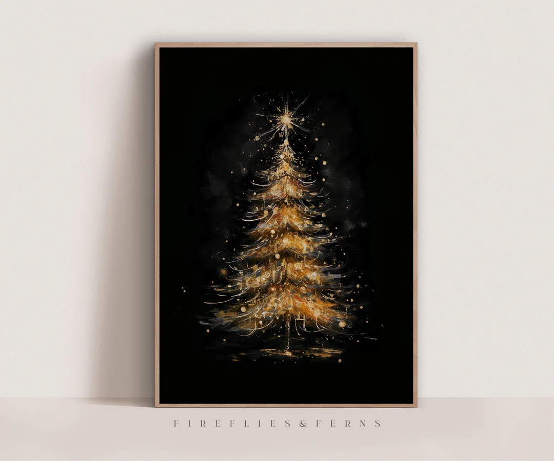 Christmas Tree Wall Art Print Gold Christmas Art Black - Etsy | Etsy (US)