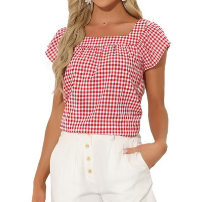 INSPIRE CHIC Women's Summer Square Neck Gingham Cap Sleeve Blouses Red 3X-Large | Target