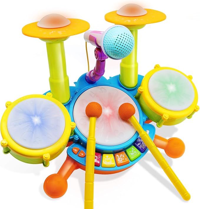 Drum Set for Kids with 2 Drum Sticks and Microphone, Musical Toys Gift for Toddlers… | Amazon (US)