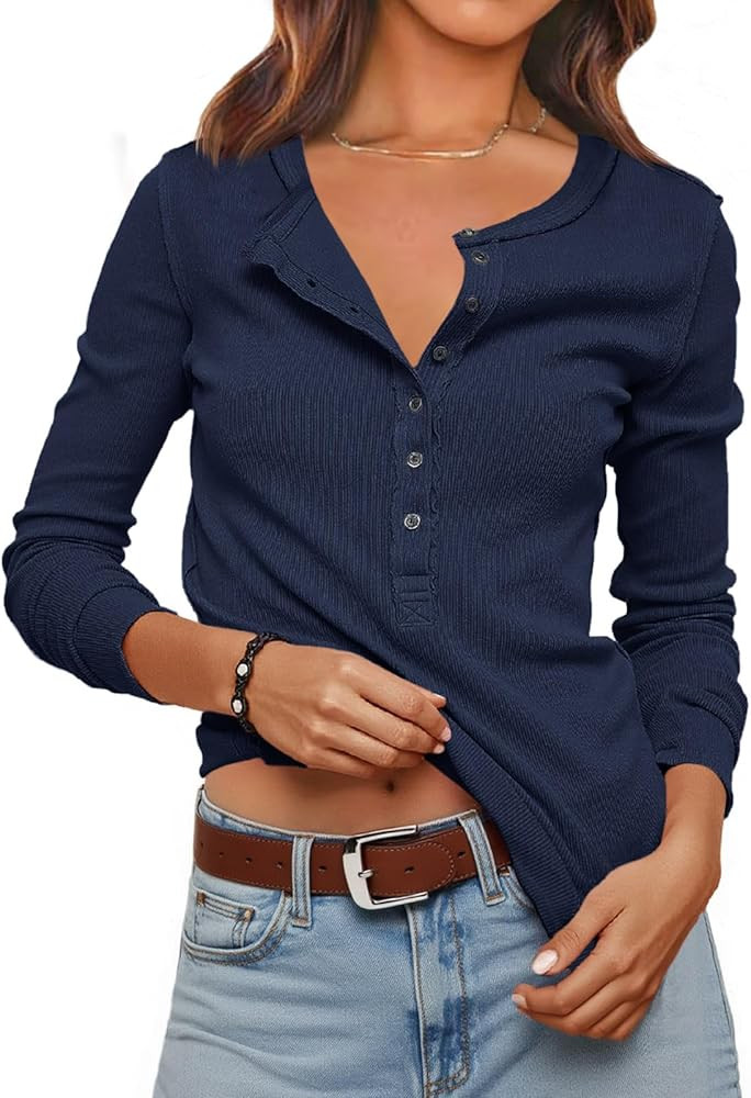 Womens Ribbed Knit Henley Shirts Fall Long Sleeve Tops Basic T-Shirts 2025 Trendy Casual Blouses | Amazon (US)