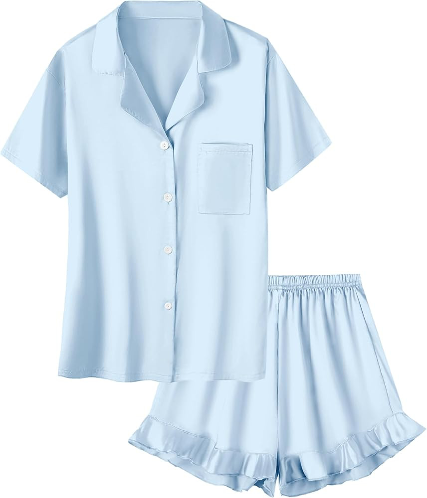 Umeyda Girls & Women Satin Pajamas Set Button Down 2 Piece Silk Pjs Shorts Set Ruffle Sleepwear, ... | Amazon (US)