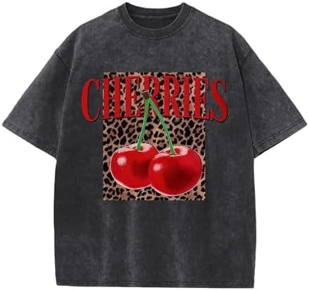 Oversized Cherry Graphic Tees for Women Vintage Leopard Cherry Fruit Shirt Acid Wash Crewneck Str... | Amazon (US)