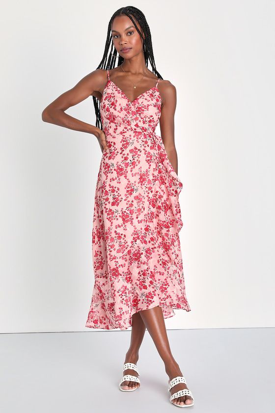 Sunshine and Sweetness Pink Floral Jacquard Wrap Midi Dress | Lulus (US)