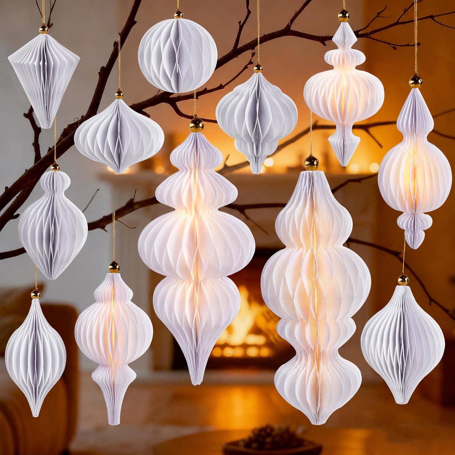 Large Honeycomb Paper Ornaments, Light Up Christmas Decor, White, 12-Pc | Amazon (US)