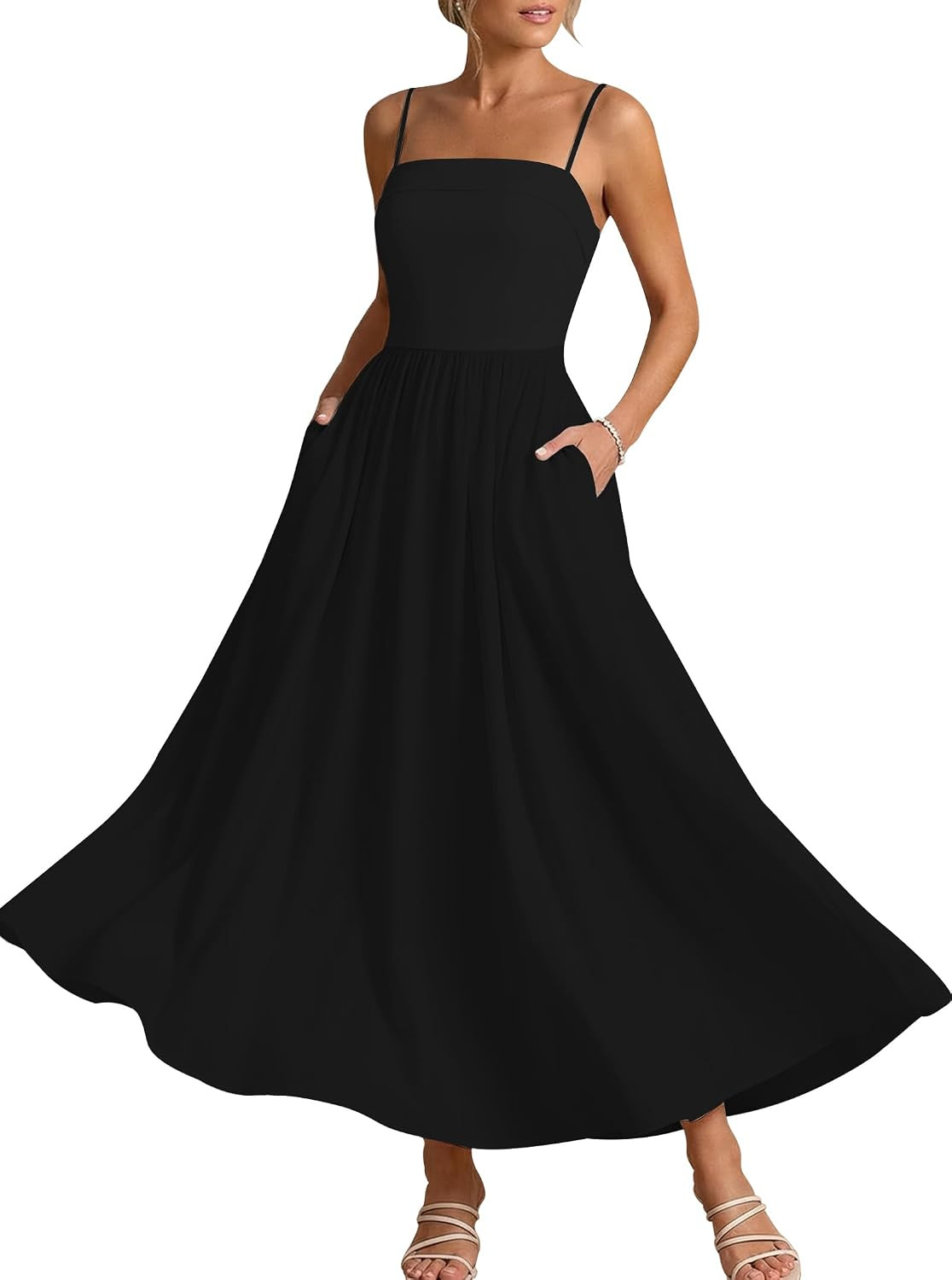 Women Spaghetti Strap Dress Flowy Summer Boho Maxi Dress Sleeveless Beach Vacation Long Dresses Sundress with Pockets | Amazon (US)