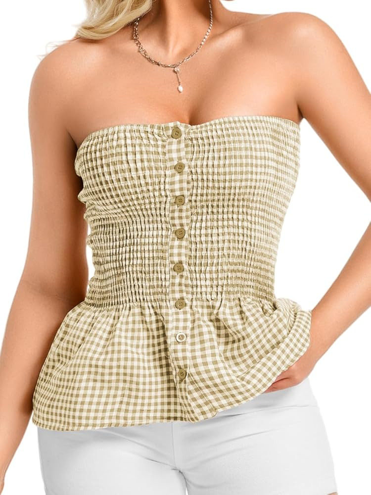 Women's Smocked Ruffle Tube Tops, Cute Gingham Peplum Top, Strapless Shirts for Summer Going Out | Amazon (US)