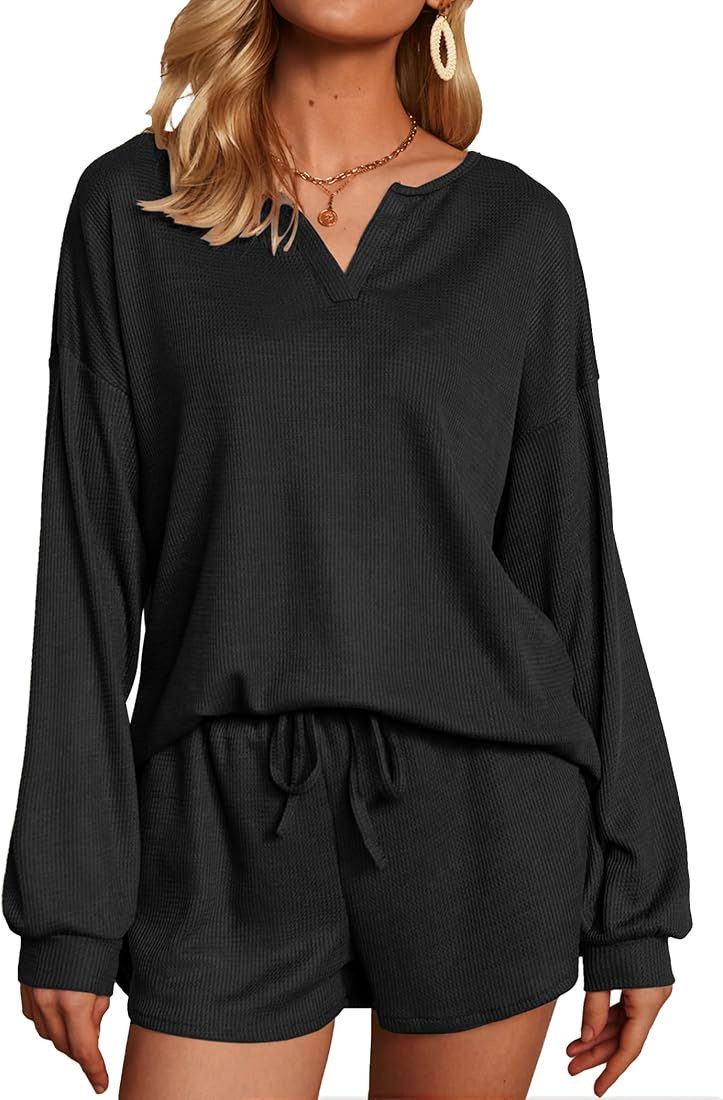 Ekouaer Womens Waffle Knit Pajamas Lounge Set Long Sleeve Top and Shorts 2 Piece Loungewear with ... | Amazon (US)