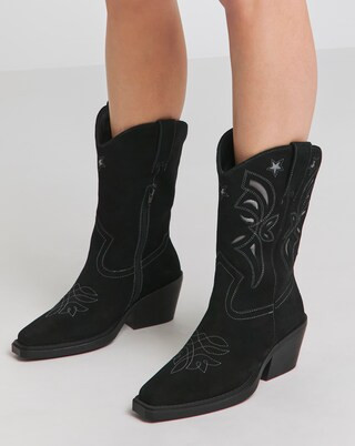 Rowan Suede Cut Out Detail Western Boots Wide E Fit Standard Calf | Simply Be (UK)