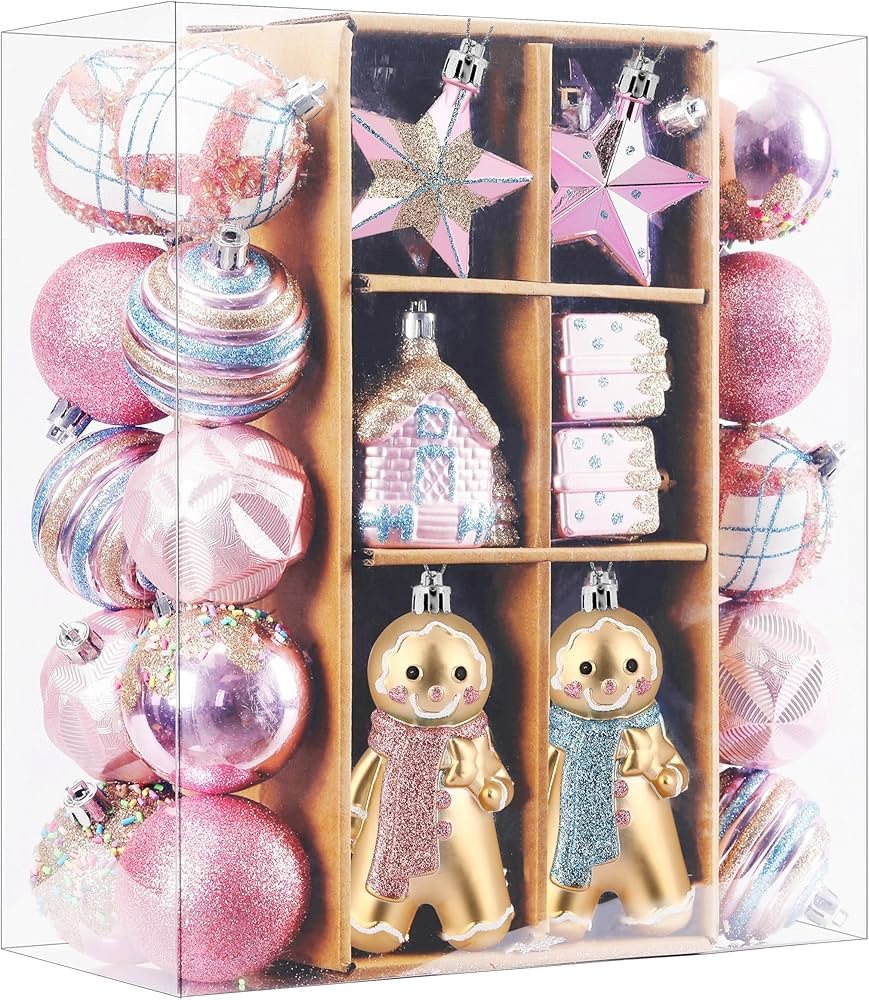SHareconn 65pcs Christmas Tree Ornaments Set, Shatterproof Christmas Gingerbread Man Balls Bulk G... | Amazon (US)