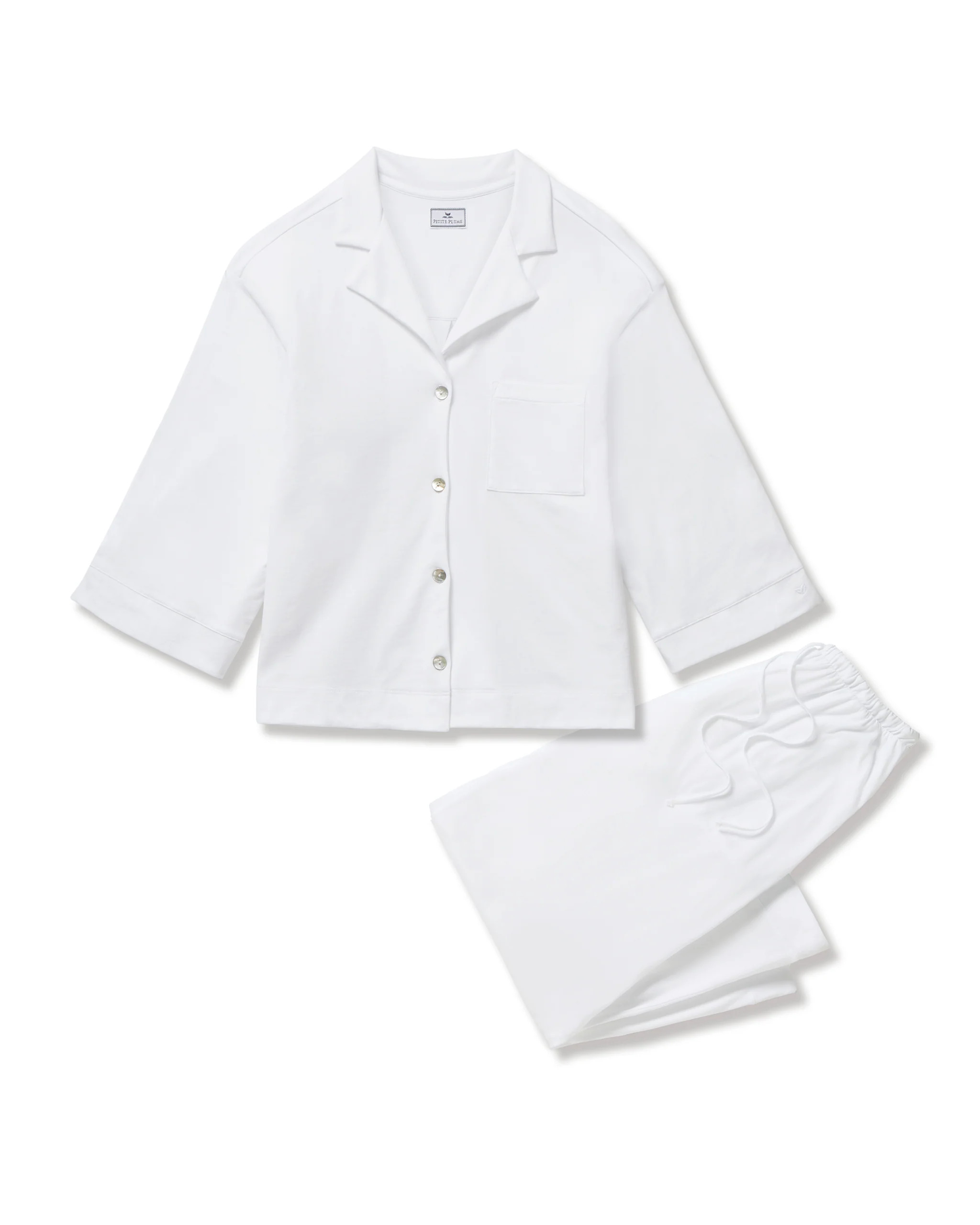 The Olivia Wide Leg Pima Pajama Set in White | Petite Plume