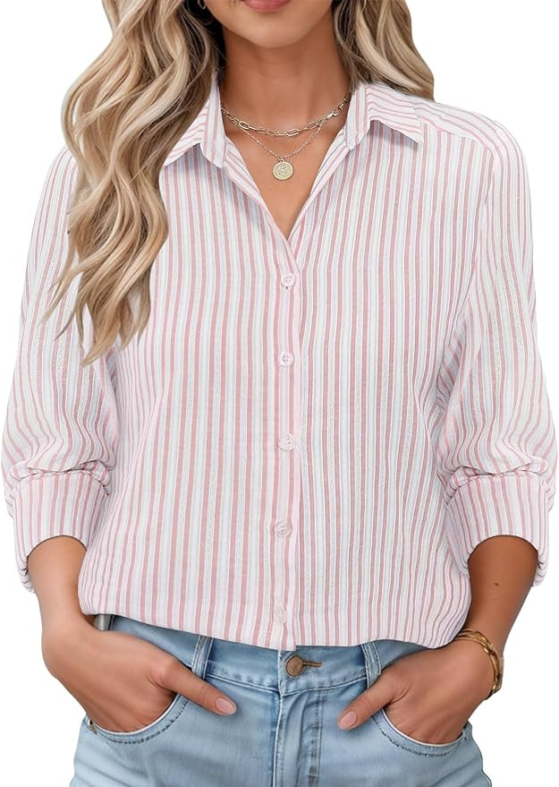 Womens Long Sleeve Button Down Shirts Casual Loose Fit Cotton Collared Blouses | Amazon (US)