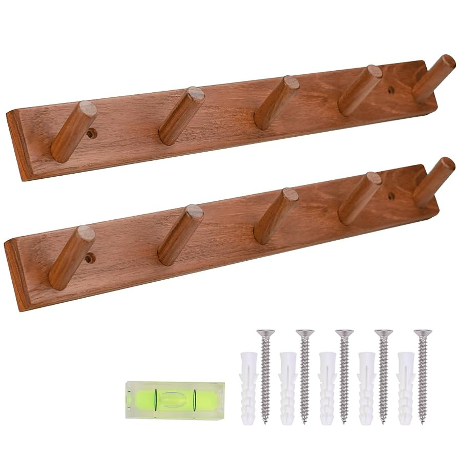 Natural Teak Wall-Mounted Coat Rack (Set of 2, 16.6")-Farmhouse Entryway Hooks with 5 Wooden Hook... | Amazon (US)