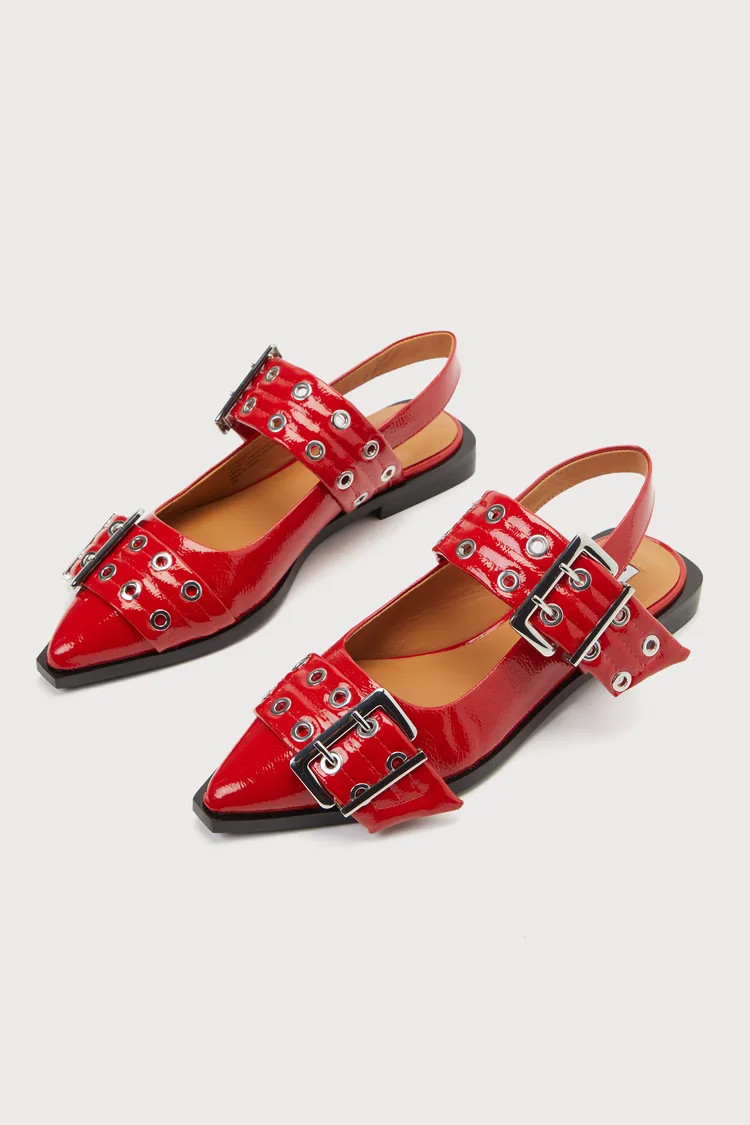 Graya Red Patent Studded Buckle Slingback Flats | Lulus