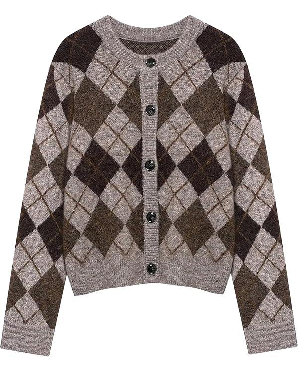 Womens Argyle Preppy Cardigan Sweater Casual Long Sleeve Button Down Color Block Knit Cardigan Sp... | Amazon (US)