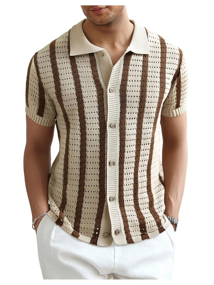 Verdusa Men's Striped Crochet Button Down Shirts Hollow Out Half Sleeve Collared Knit Tops | Amazon (US)