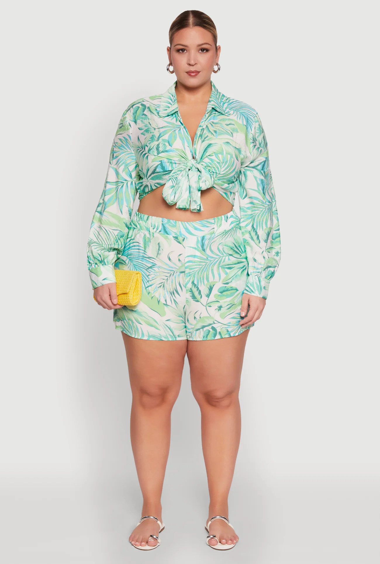 Plus Size Trendy High Waisted Leaf Print Shorts | Rainbow Shops