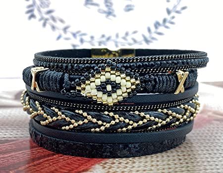 Ethnic Leather Bracelet Layered Leather Bracelet Bohemian Jewelry Hand-Woven Khaki Leather Bangle... | Amazon (US)