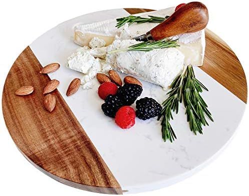 Marble and Wood Cheese Board with Handle 11 inch - Beautifully Handcrafted - Round Charcuterie Bo... | Amazon (US)