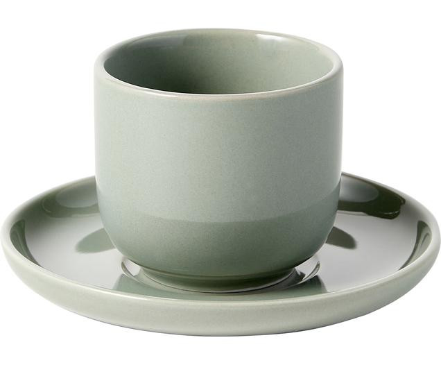 Porzellan Espressobecher Nessa mit Untertassen in Salbeigrün, 4 Stück | WestwingNow EU