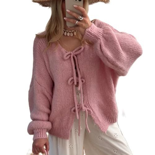 Women Cute Cardigan Sweater Y2k Bow Sweater V Neck Button Down Long Sleeve Pullover Top Ribbon Tie Front Knit Jumper | Amazon (US)