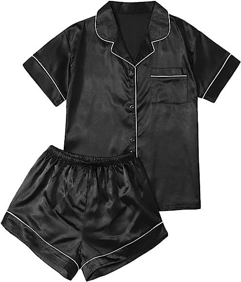 MakeMeChic Women's Plus Size Satin Button Down Pajama Set Silk Short Sleeve Sleepwear | Amazon (US)