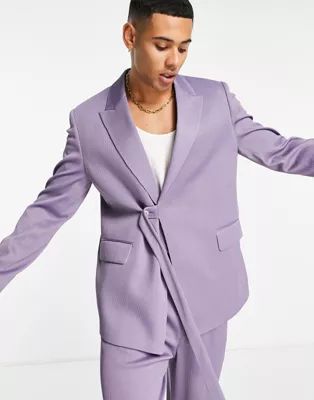 ASOS DESIGN belted suit jacket in lavender plisse | ASOS (Global)