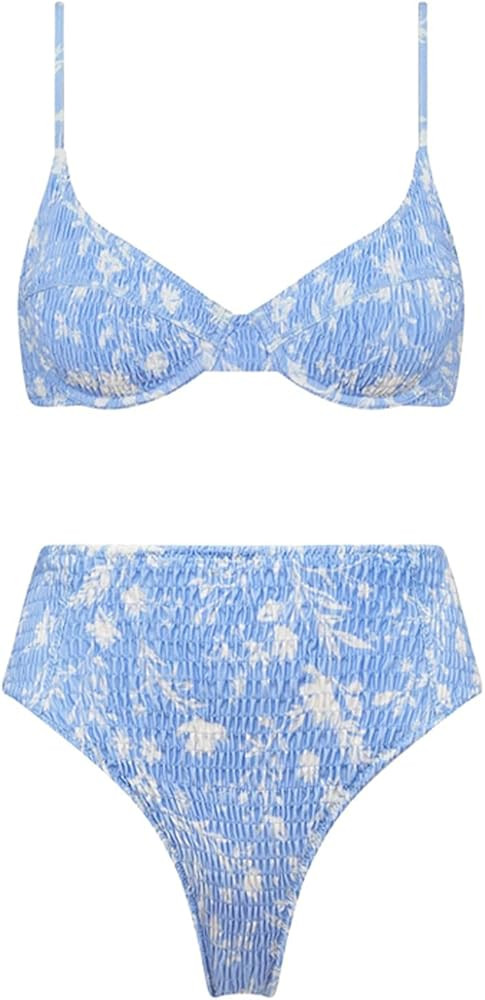 VOLAFA Women's High Waisted Swimsuit Textured Frilled Smocked Ruched Push Up Two Piece Bikini Set Ba | Amazon (US)