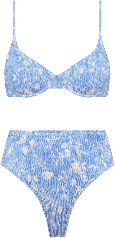 VOLAFA Women's High Waisted Swimsuit Textured Frilled Smocked Ruched Push Up Two Piece Bikini Set Ba | Amazon (US)