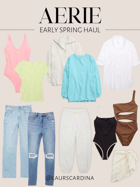 So much goodness in this Aerie spring haul!!! Some of my favorites include a pink bodysuit, lime green crewneck tee, quarter zip sweater, white button up blouse, jeans, sweatpants, one piece bathing suits, and a gauze sarong. 

Spring outfit idea, ootd, Casual style, resort wear 

#LTKstyletip #LTKswim #LTKfindsunder50
