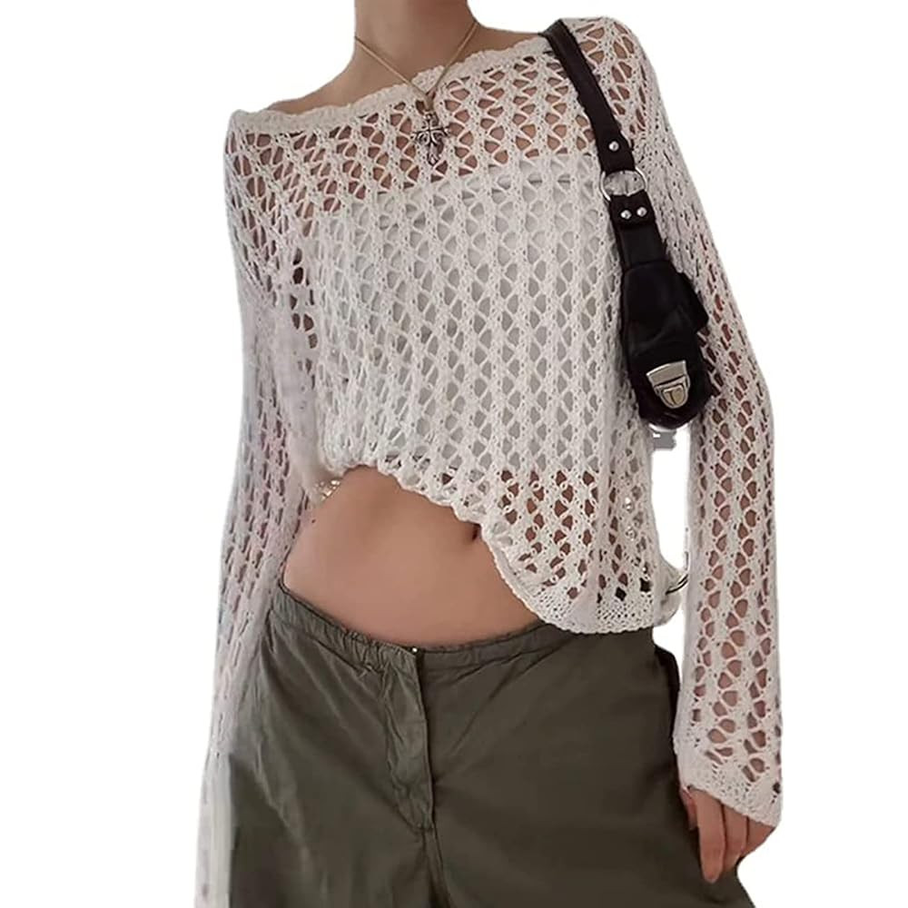 Women Knit Crochet Hollow Out Fishnet Top Long Sleeve See Through Mesh Shirt Sexy Club Streetwear | Amazon (US)
