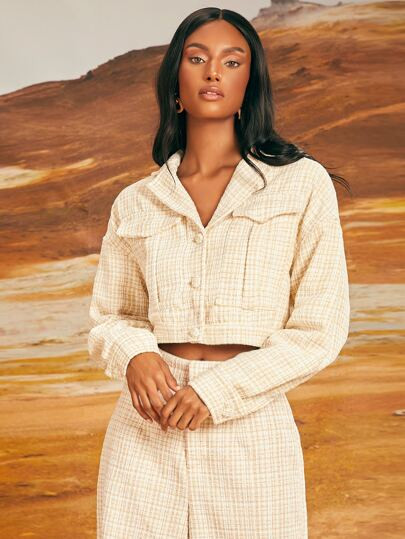 SHEIN X Penelope Ping Plaid Flap Pocket Drop Shoulder Tweed Jacket | SHEIN