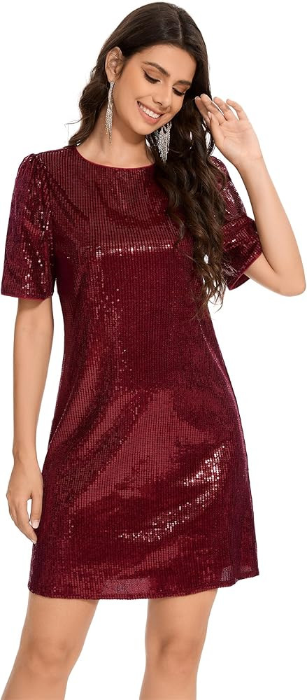 Women Puff Short Sleeve Sparkle Shift Dress Crewneck Sequin Shimmer Cocktail Party Dress | Amazon (US)