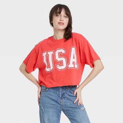 Women's USA Short Sleeve Cropped Graphic T-Shirt - Red | Target