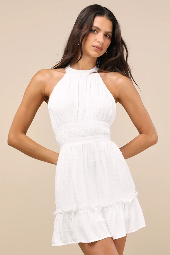 Zahia White Swiss Dot Ruffled Halter Mini Dress | Lulus