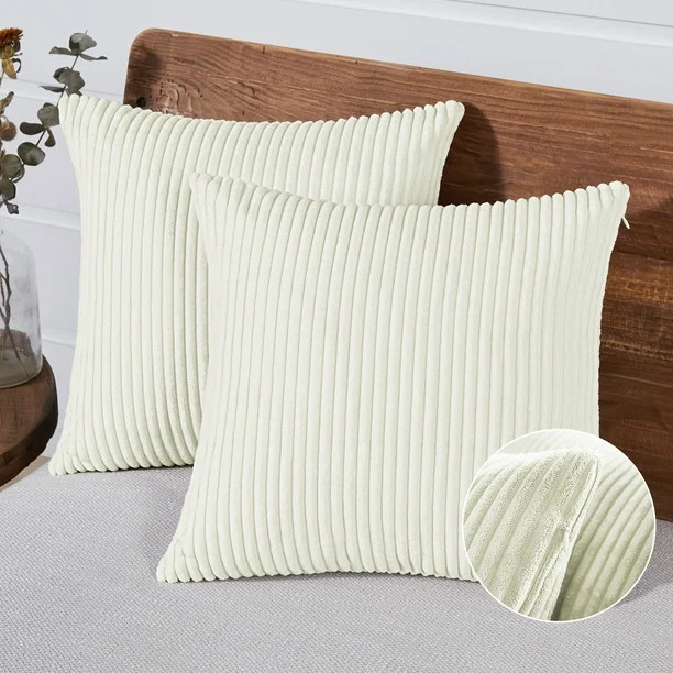 Deconovo 2 Cream Square Traditional Pillow Covers, 18x18 inch, Corduroy Stripe Solid | Walmart (US)