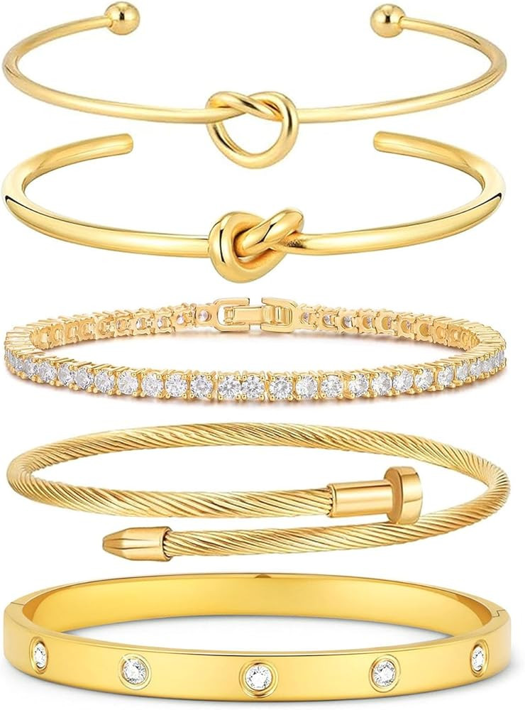18 K Gold Plated Love Bangle Bracelet Stack Cuff Jewelry for Women Jewelry Set for Women Gift wit... | Amazon (US)