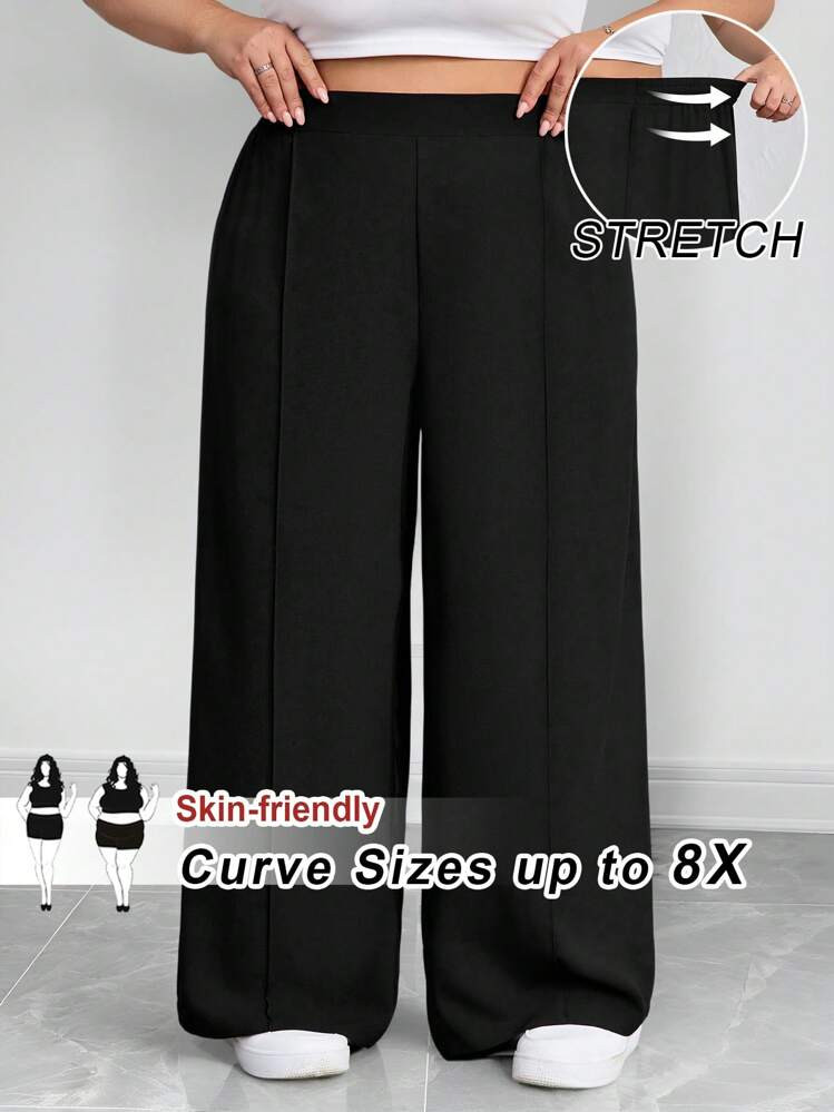 SHEIN CURVE+ Plus Size Women's Solid Color Pleated Pants, Black Loose Wide Leg Pants, Curve Plus, Boho Vacation | SHEIN