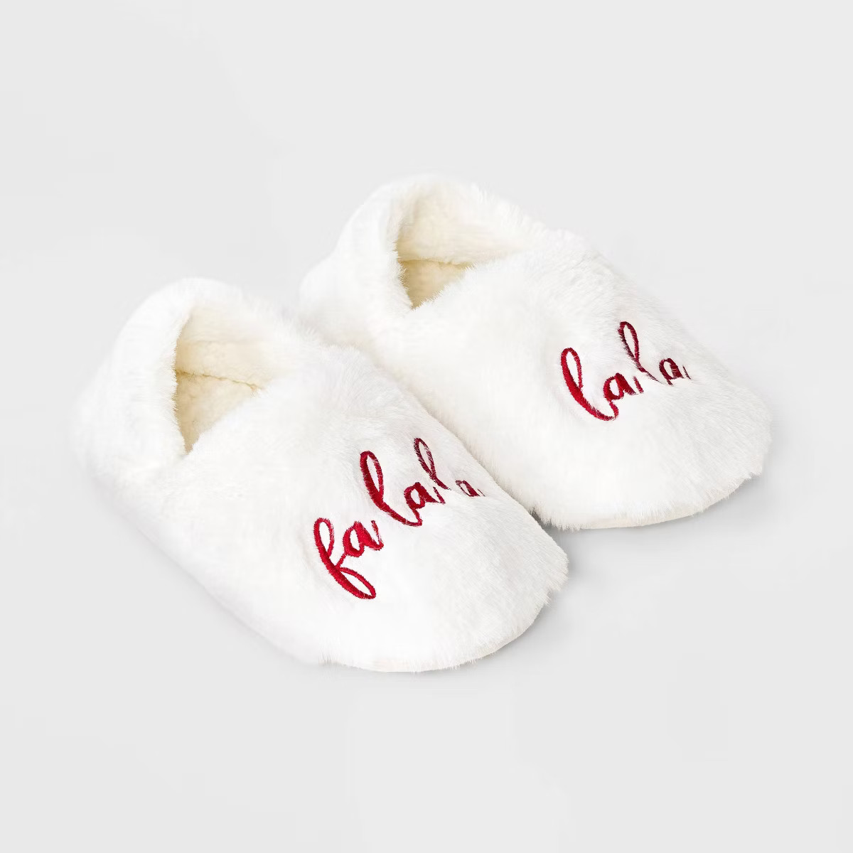 Adult Embroidered 'Fa La La' Faux Fur Christmas Slipper Socks with Grippers - Wondershop™ Ivory | Target