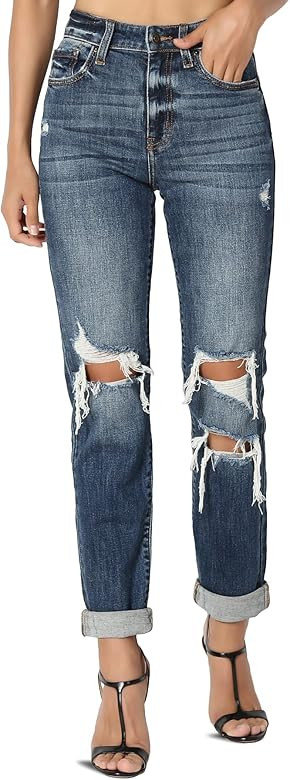TheMogan Distressed Destructed Washed Denim Mid Rise Relaxed Boyfriend Jeans | Amazon (US)