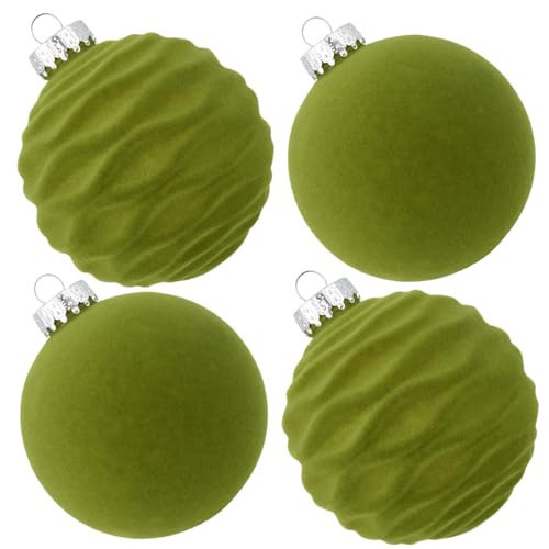 CristBest Velvet Christmas Balls Large Hanging Shatterproof Flocked Christmas Tree Ornaments for Xmas Tree Hanging, Holiday Wedding Party Decorations, Gifts and Home Decorations (Green, 4" (4pcs)) | Amazon (US)
