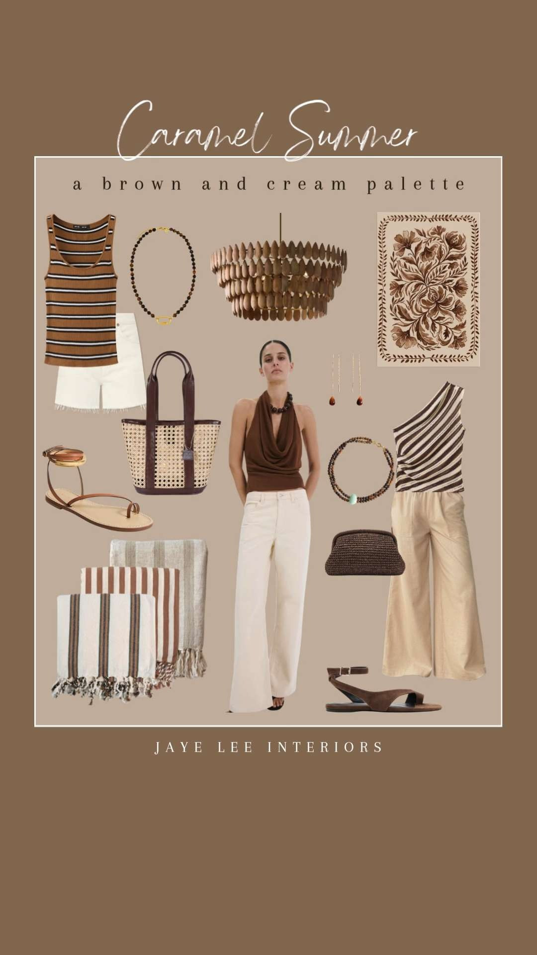 I've curated a rich, neutral summer palette of browns and creams, filled with all the things I've been loving lately. 
brown palette, neutral style, summer tote, summer clutch, woven bags, vacation outfit, date night outfit ideas, turkish beach blankets, brown sandals, wrap sandals, one shoulder neckline, beaded jewelry, beaded necklace, art prints, chandelier, summer style ideas, #jleeinteriors 

 #LTKgrwm #LTKSeasonal #LTKHome