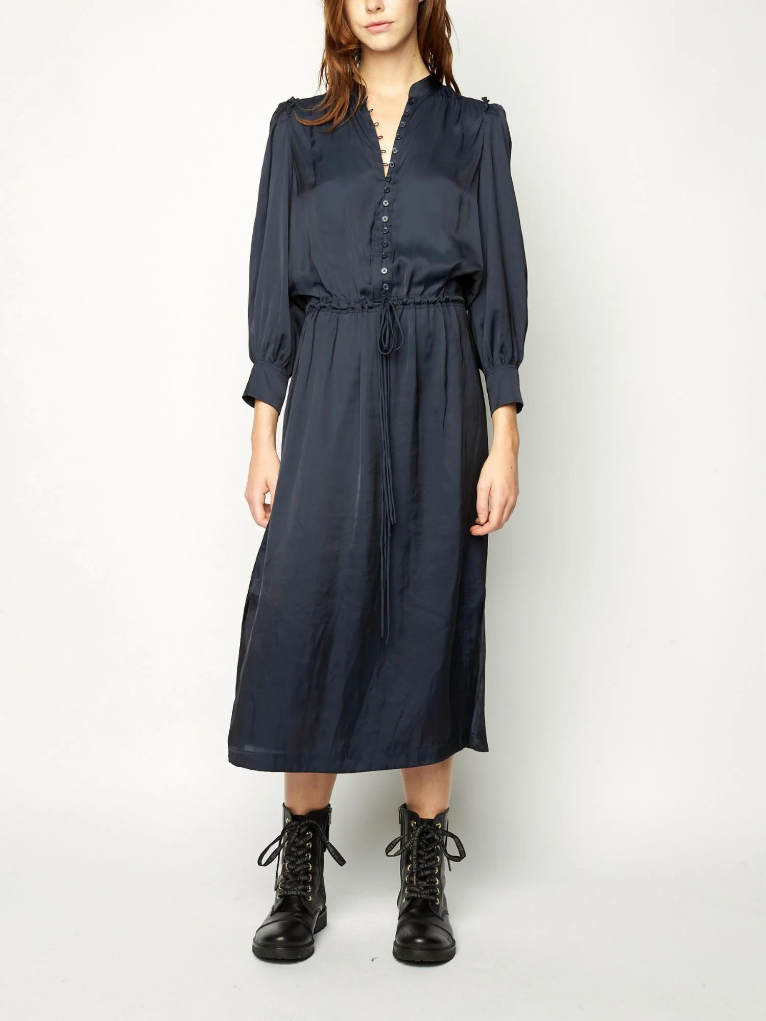 Relinda Satin Dress In Ink | Shop Simon