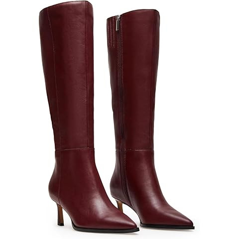 MICIFA Burgundy Kitten Heel Knee High Boots for Women Side Zipper Tall Leather Boots Pointed Toe ... | Amazon (US)