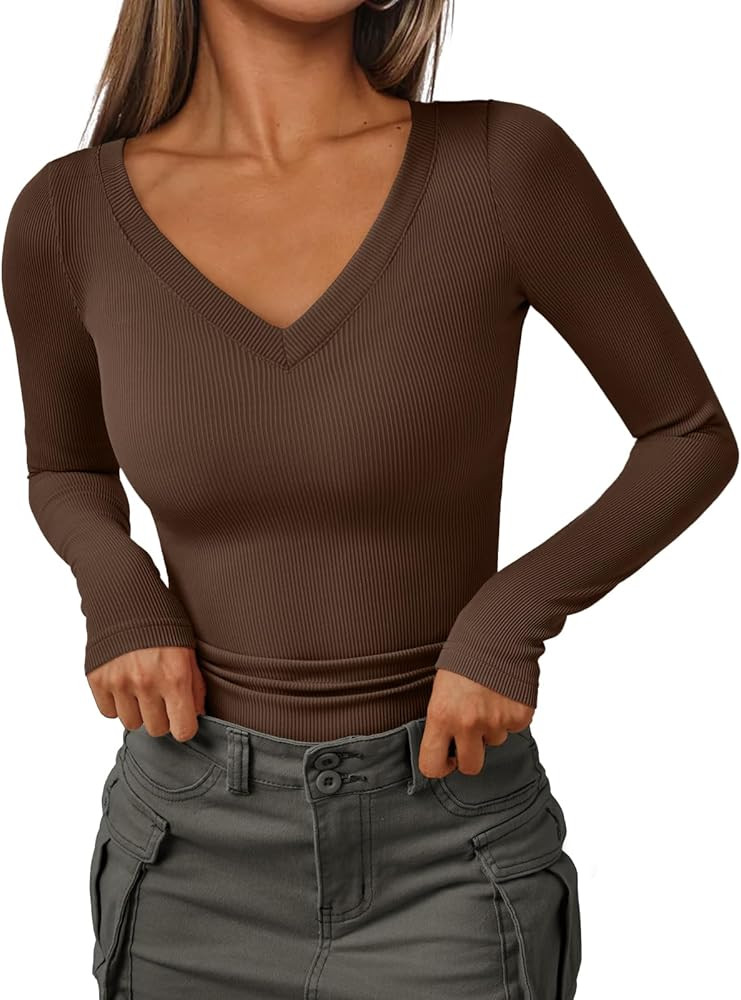 AUTOMET Womens Long Sleeve Shirts Fall Outfits Fashion Tops V Neck Ribbed Basic Casual Clothes Wi... | Amazon (US)