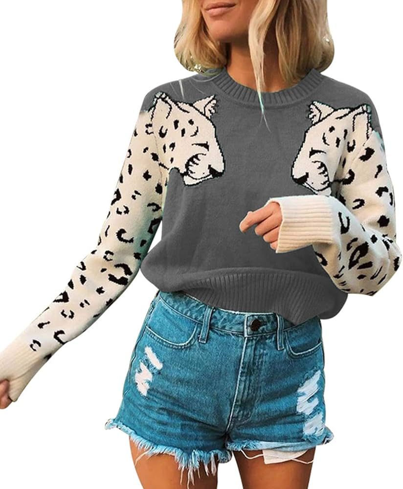 Angashion Women's Sweaters Casual Leopard Printed Patchwork Long Sleeves Knitted Pullover Cropped Sw | Amazon (US)