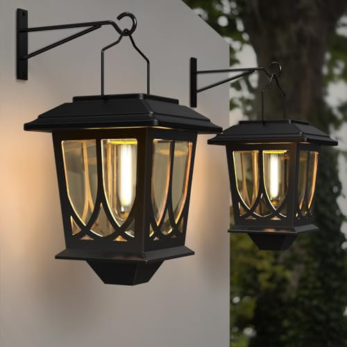 Solar Lanterns Outdoor Waterproof 2 Pack, Glass Auto On/Off LED Hanging Solar Lights, Outdoor Lantern with Wall Mount for Yard Fence Patio - Black | Amazon (US)