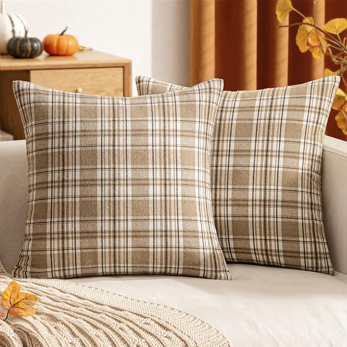 Woaboy Set of 2 Scottish Tartan Plaid Throw Pillow Covers Farmhouse Classic Plaid Decorative Square Cushion Cases Fall Autumn Christmas Home Decor for Sofa Couch Livingroom Bed 18x18 Inch,Khaki | Amazon (US)