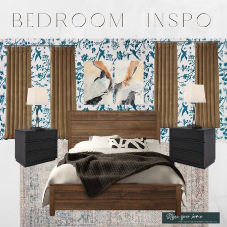 Bedroom inspiration. Traditional. Modern. Primary bedroom design. Bed. Nightstand. Lamps. Drapes. Velvet  